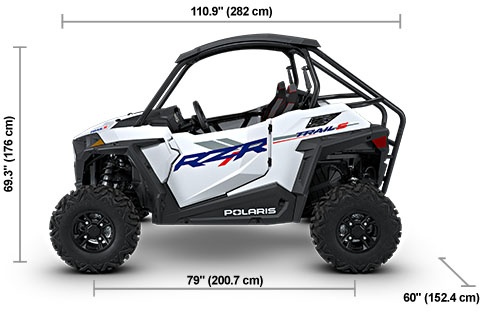 Side view of the White Lightning 2027 Polaris RZR Trail S Sport with height, width and length dimensions.