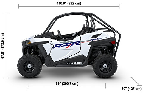 Side view of the White Lightning 2027 Polaris RZR Trail Sport with height, width and length dimensions.