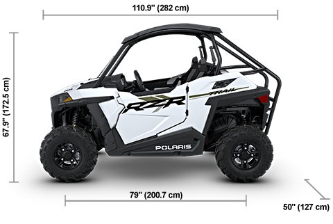 Side view of the White Lightning 2027 Polaris RZR Trail Ultimate with height, width and length dimensions.