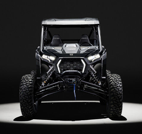 Front end of a 2027 Polaris RZR XP S side-by-side showcasing the RZR Fang Lighting.