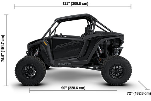 Side view of the Onyx Black Polaris RZR XP S Ultimate with height, width and length dimensions.