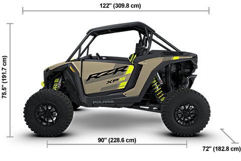 Side view of the Sand Dune 2027 Polaris RZR XP S 1000 Ultimate with height, width and length dimensions.