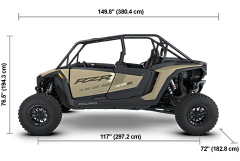 Side view of the Sand Dune Polaris RZR XP S 4 Sport with height, width and length dimensions.