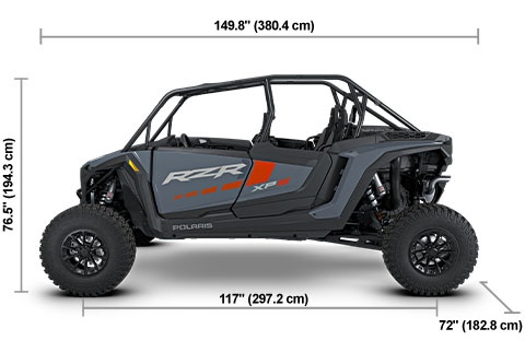 Side view of the Stealth Gray Polaris RZR XP S 4 Sport with height, width and length dimensions.