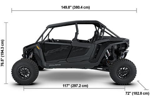 Side view of the Onyx Black Polaris RZR XP S 4 Ultimate with height, width and length dimensions.