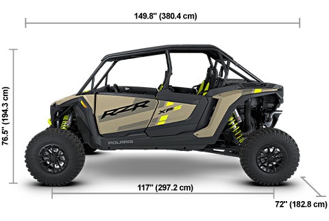 Side view of the Sand Dune 2027 Polaris RZR XP S 4 1000 Ultimate with height, width and length dimensions.