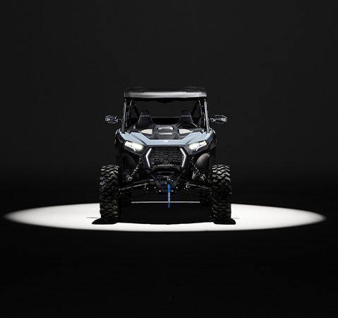 Front end view of a 2027 Polaris RZR XP Ultimate side-by-side showcasing the RZR Fang lighting.