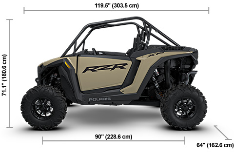 Side view of the Sand Dune 2027 Polaris RZR XP Sport with height, width and length dimensions.