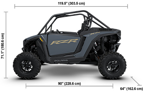 Side view of the Stealth Gray 2027 Polaris RZR XP Sport with height, width and length dimensions.