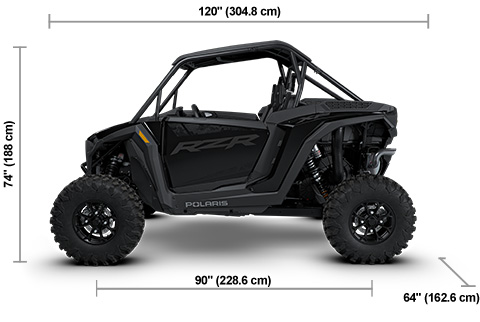 Side view of the Onyx Black 2027 Polaris RZR XP Ultimate with height, width and length dimensions.