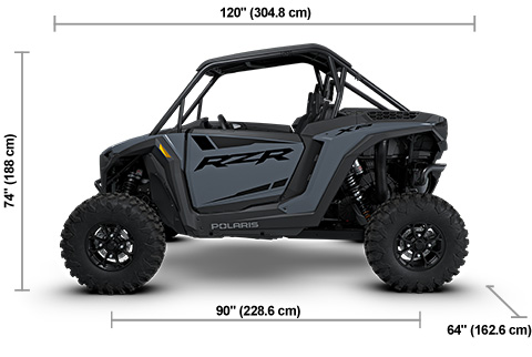 Side view of the Stealth Gray 2027 Polaris RZR XP Ultimate with height, width and length dimensions.