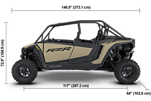 Side view of the Sand Dune 2027 Polaris RZR XP 4 Sport with height, width and length dimensions.