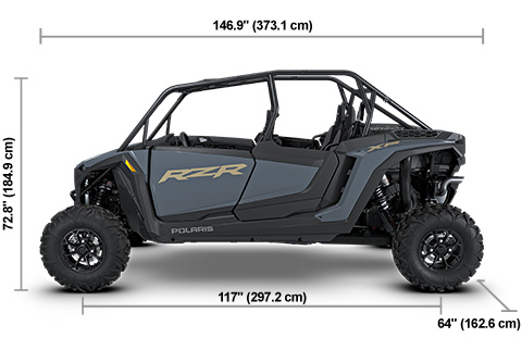 Side view of the Stealth Gray 2027 Polaris RZR XP 4 Sport with height, width and length dimensions.