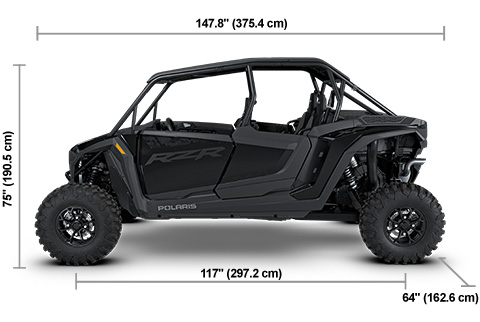 Side view of the Onyx Black 2027 Polaris RZR XP 4 Ultimate with height, width and length dimensions.