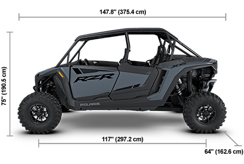 Side view of the Stealth Gray 2027 Polaris RZR XP 4 Ultimate with height, width and length dimensions.