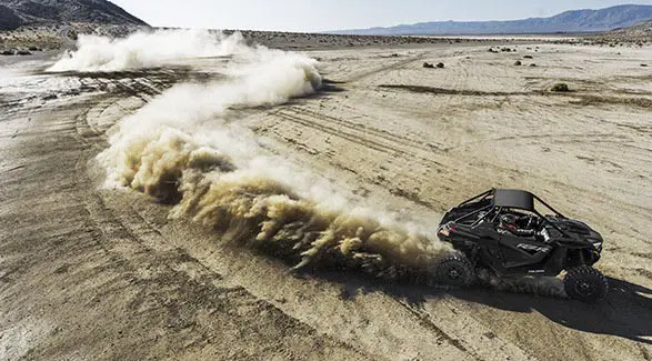 aerial view of a polaris rzr pro xp side by side in the desert