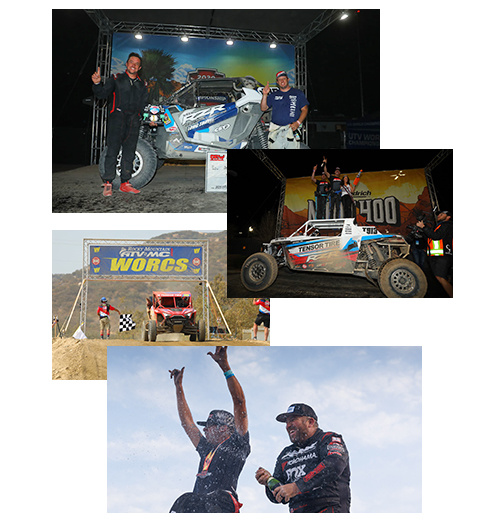 A collage of side-bys-side-racers on podiums