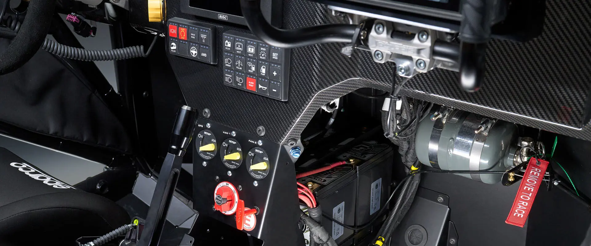 Close-up of the underside of the dash and shifter of the Polaris RZR Pro R Factory Edition.