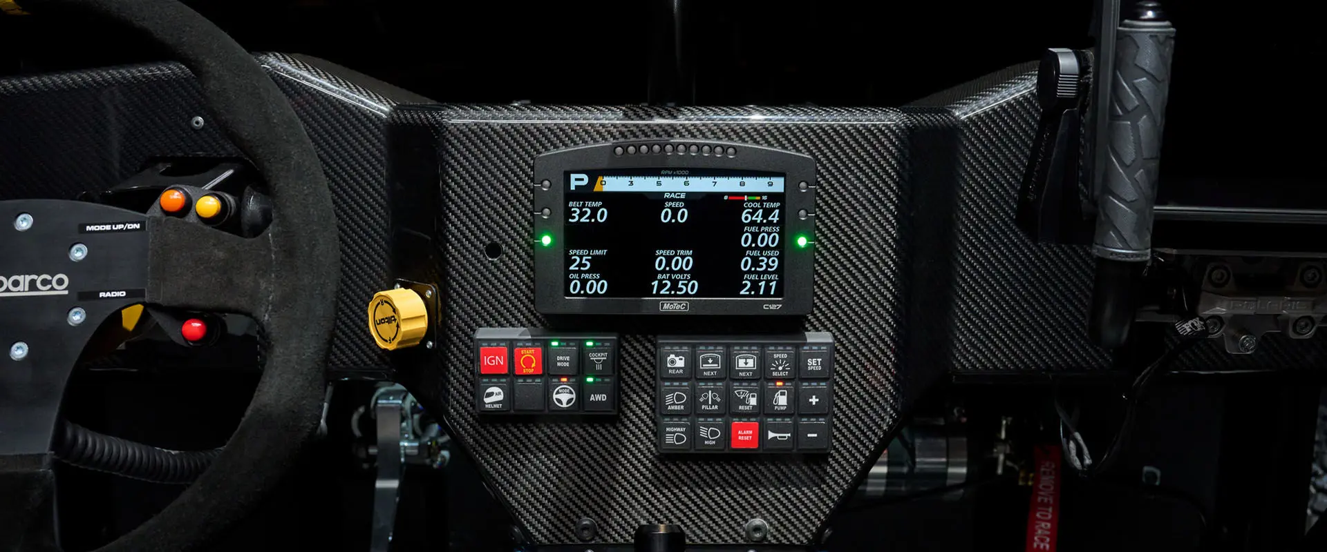 Close-up of the Polaris RZR Pro R Factory Edition dashboard.
