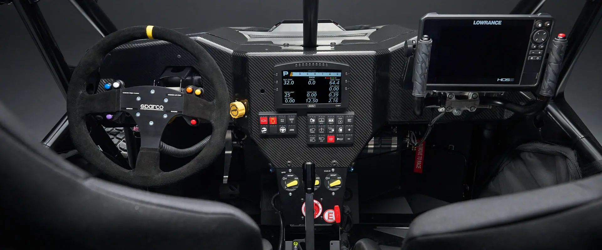 Front view of the entire interior front space of the Polaris RZR Pro R Factory Edition.