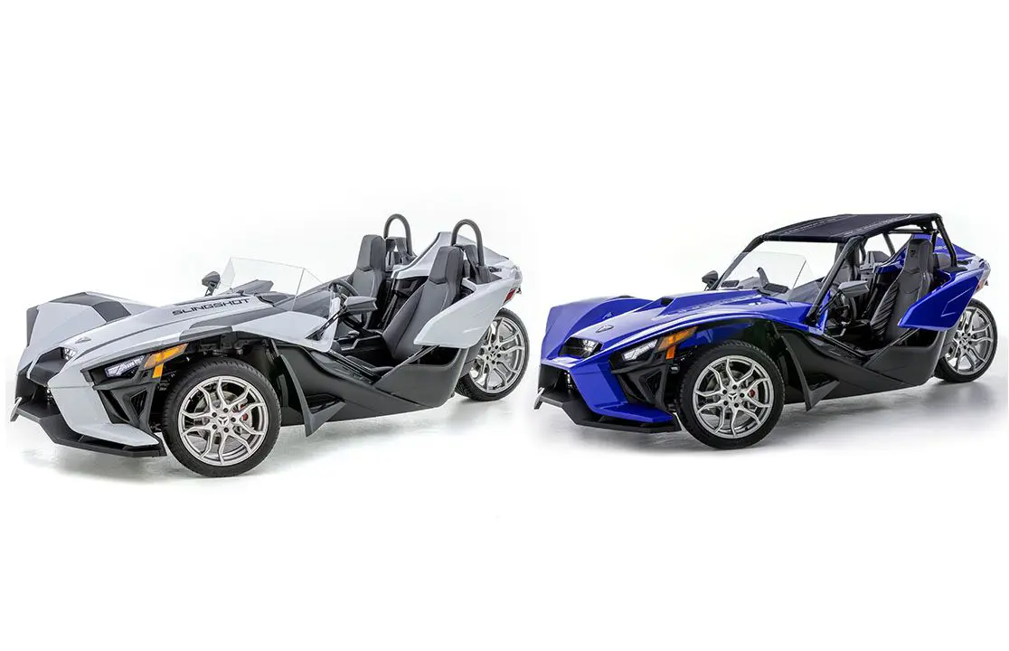 side profile of 2 polaris slingshot SL three-wheeled motorcycles