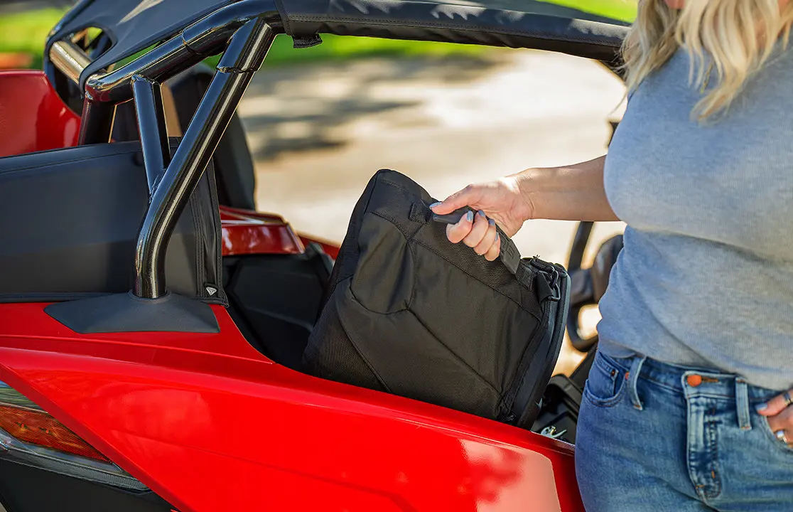 Detail of the Polaris Slingshot storage accessories