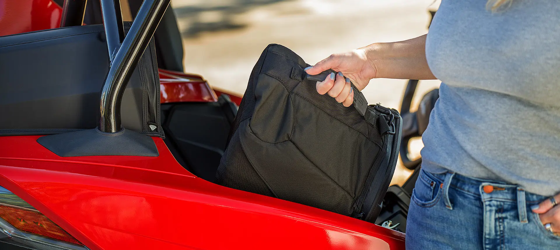 Detail of the Polaris Slingshot storage accessories