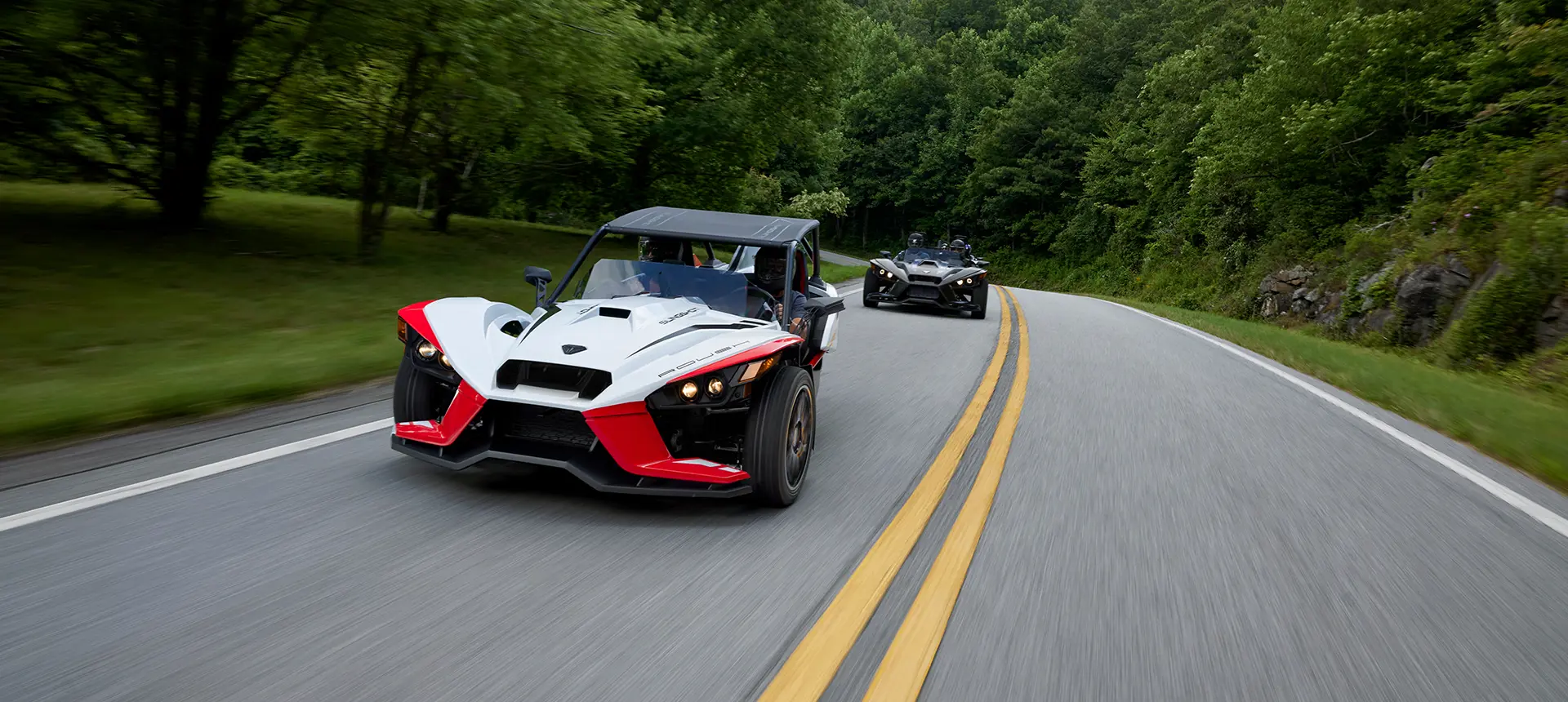 front view of a 2024 polaris slingshot ROUSH® edition three-wheeled motorcycle