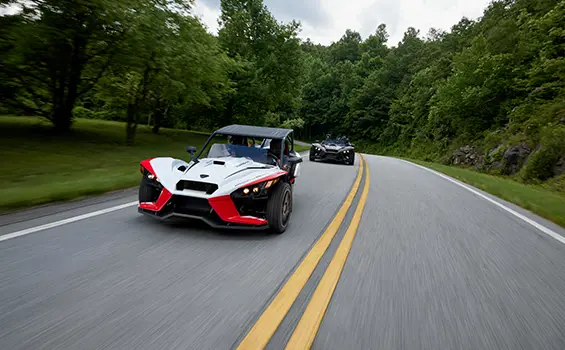 front view of a 2024 polaris slingshot ROUSH® edition three-wheeled motorcycle