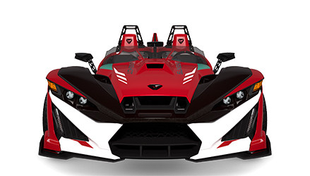 Vue frontale d’un Polaris Slingshot 10 de 2025 couleur Radiant Red Pearl.