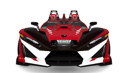 Front-end view of a 2025 Polaris Slingshot 10 in the Radiant Red Pearl colorway.