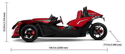 Side view of the Radiant Red Pearl 2025 Polaris Slingshot 10 AutoDrive with height, width and length dimensions.