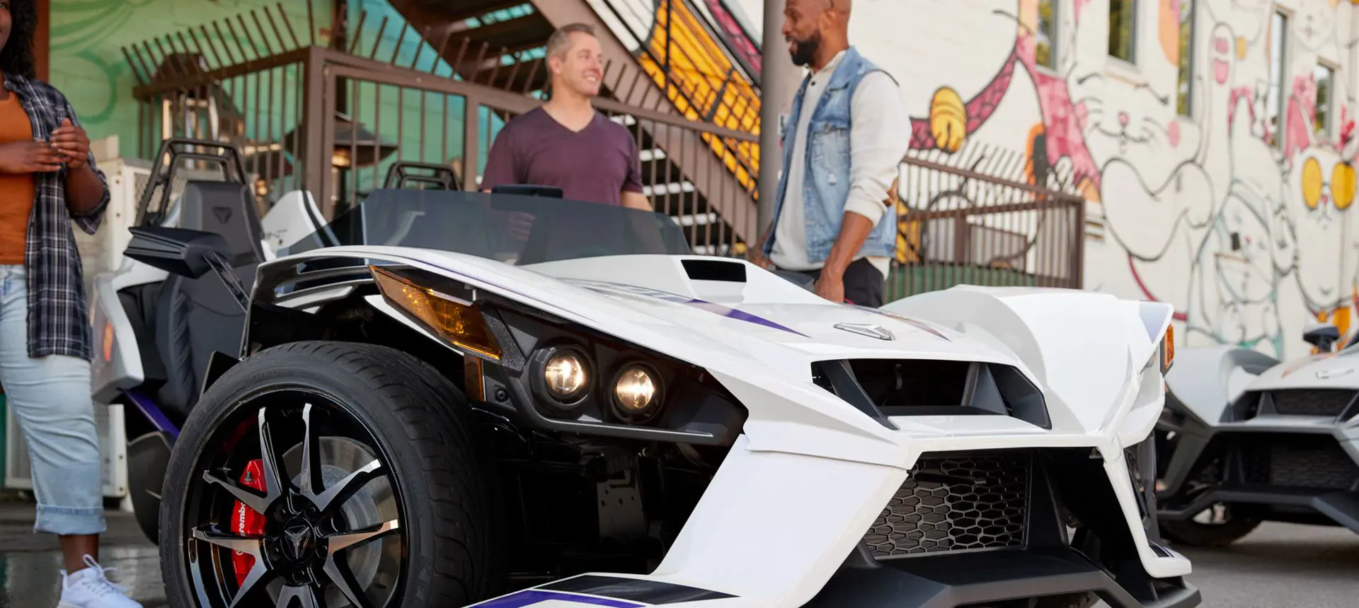 closeup view of the front end of a 2024 slingshot r three-wheeled motorcycle