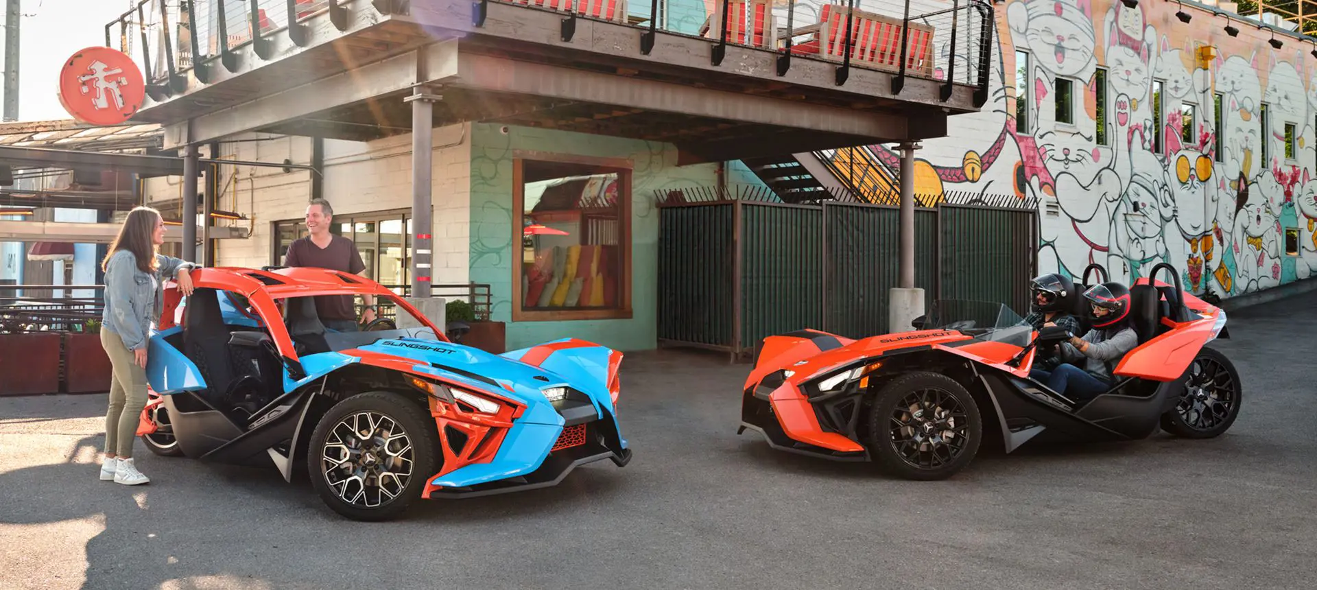 people meeting to ride their polaris slingshot SL three-wheeled motorcycles