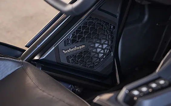 Close-up view of a Rockford Fosgate® Audio System speaker on a 2025 Polaris Slingshot R three-wheeled motorcycle