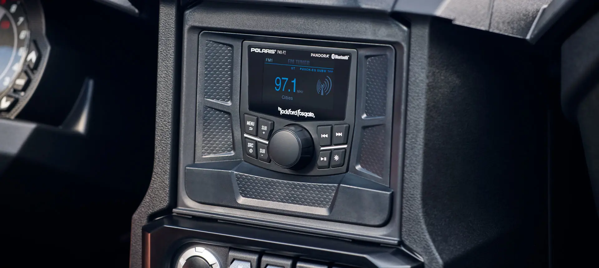 2.7" Rockford Fosgate® Display on a 2026 Polaris Slingshot S three-wheeled motorcycle.