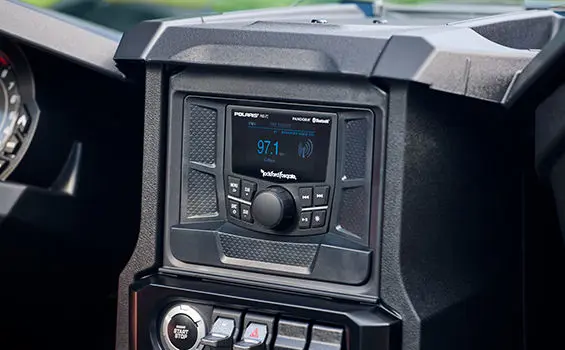 2.7" Rockford Fosgate® Display on a 2025 Polaris Slingshot S three-wheeled motorcycle.