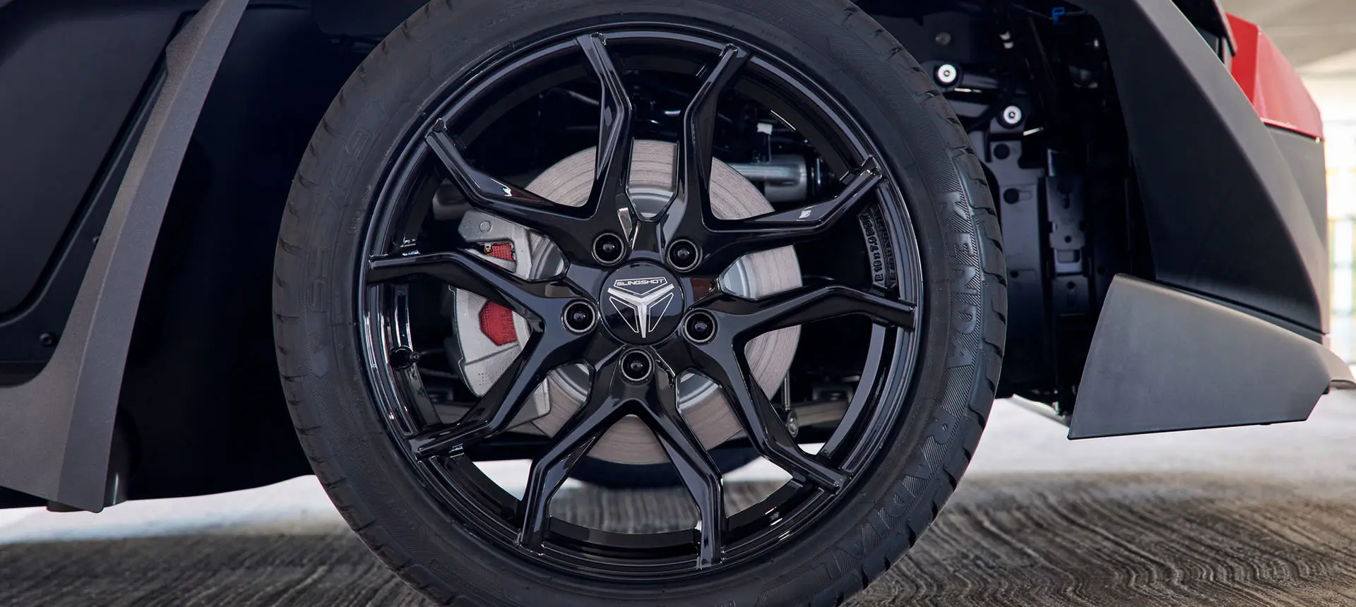 18” Front Aluminum Wheel on a 2025 Polaris Slingshot S three-wheeled motorcycle.