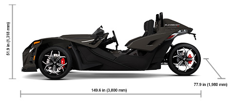 Side view of the Nightfall 2025 Polaris Slingshot R Manual with height, width and length dimensions.