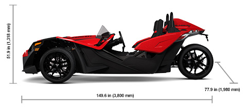 Side view of the 2026 Polaris Slingshot S Manual with height, width and length dimensions.