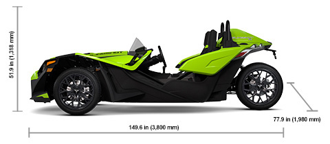 Side view of the Liquid Lime 2025 Polaris Slingshot SL Manual with height, width and length dimensions.