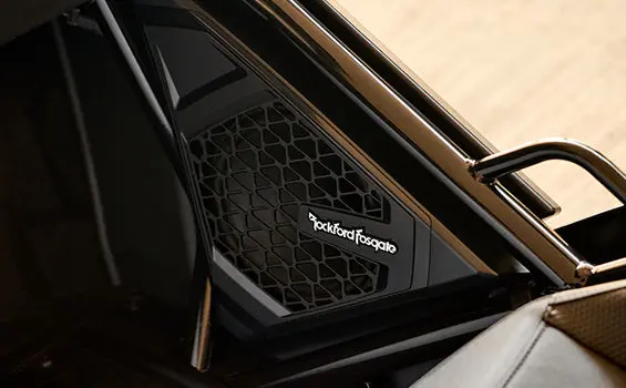 Closeup of the Rockford Fosgate audio speakers in a 2026 Polaris Slingshot SLR three-wheel motorcycle.