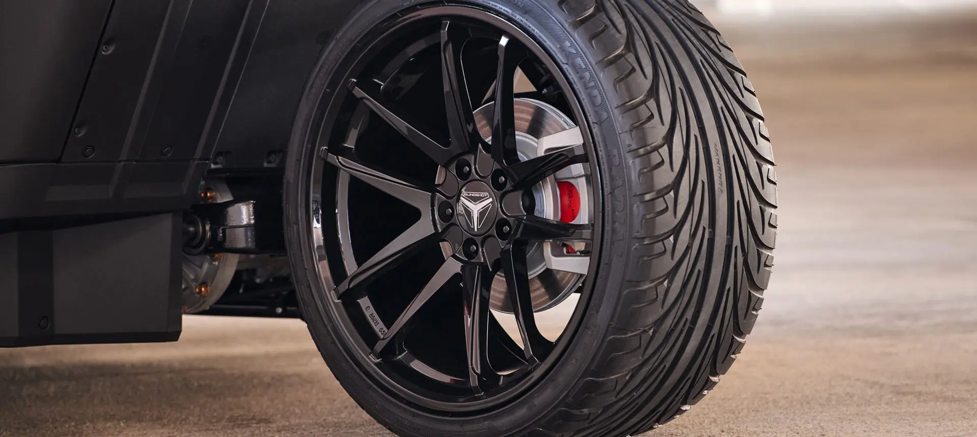 18” Front Aluminum Wheel on a 2025 Polaris Slingshot SLR three-wheeled roadster.