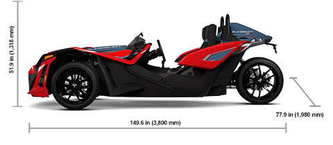 Vue latérale du Polaris Slingshot SLR 2025 Royal Red à BVM avec les dimensions de hauteur, de largeur et de longueur.