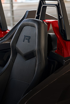 Close detail of a upgraded heated and cooled seat on a Polaris Slingshot. 