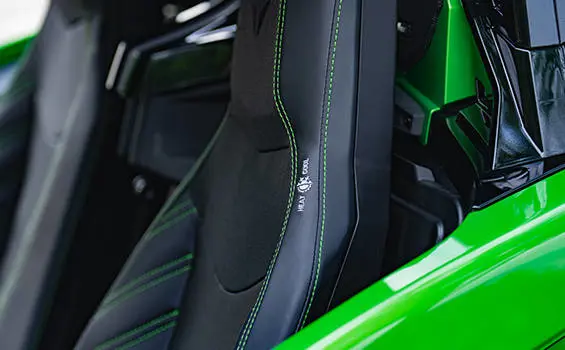 Closeup of the premium seats of a 2026 Slingshot Grand Touring limited edition three-wheeled roadster.