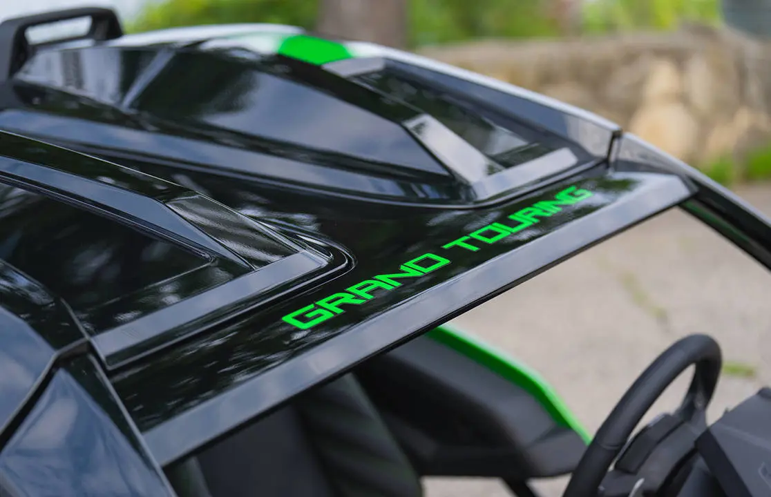 Closeup of the limited edition badging inside of a 2026 Polaris Slingshot Grand Touring limited edition three-wheeled roadster.