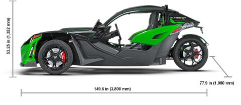 Side view of the 2026 Polaris Slingshot Grand Touring Manual with height, width and length dimensions.