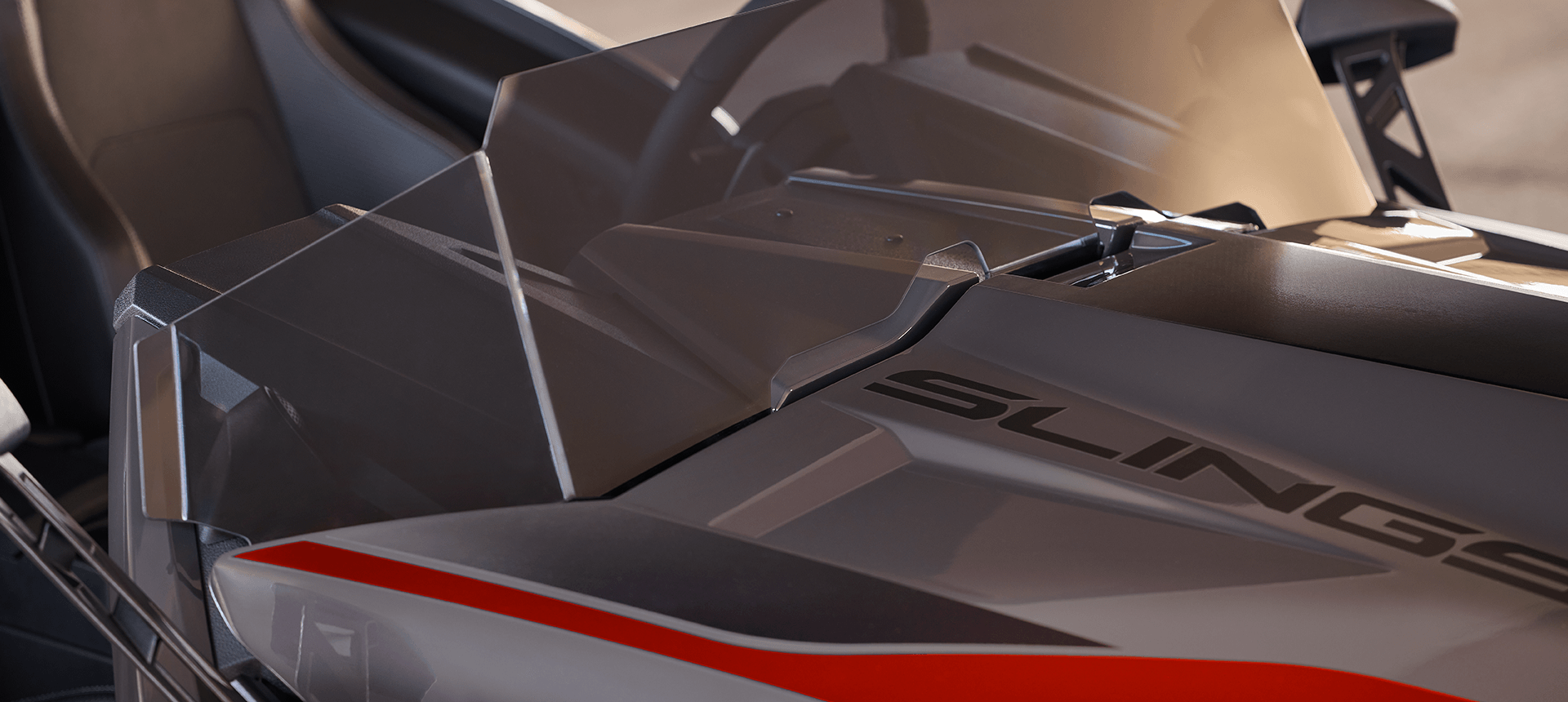 Windshield on a 2026 Slingshot R three-wheel roadster.