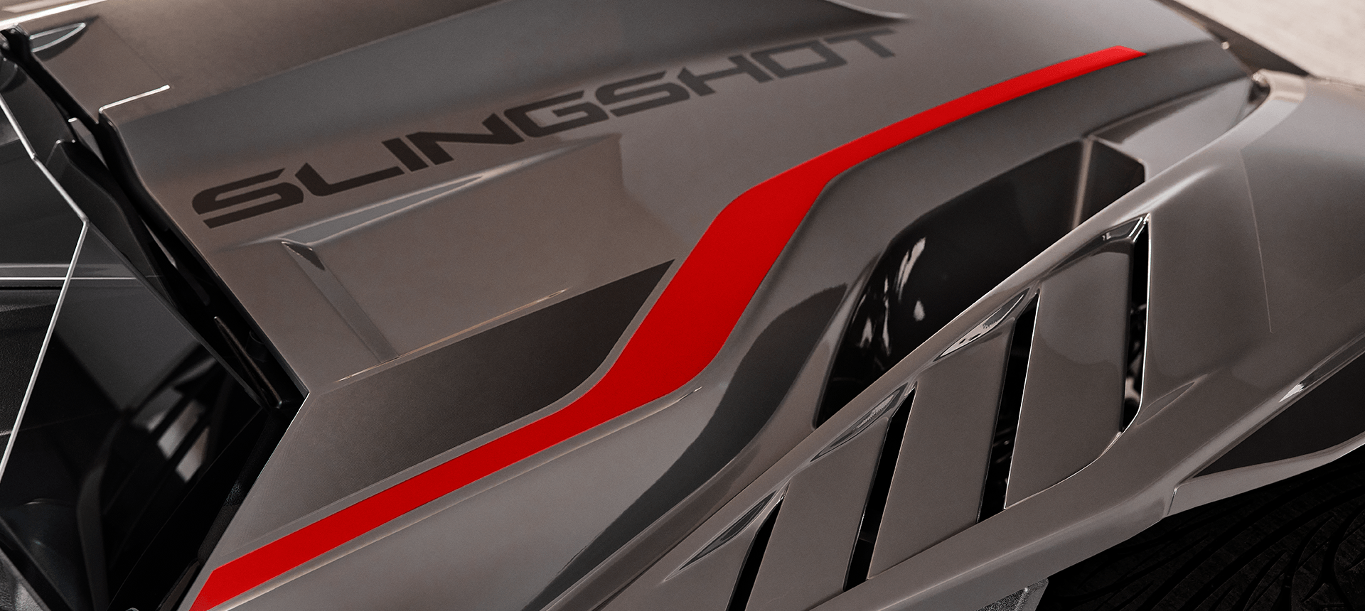 Closeup of the hood vents on a 2026 Slingshot R three-wheel roadster.